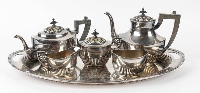 Gorham Queen Anne Silverplate Tea Set: Description: A six-piece Gorham silverplate Queen Anne pattern tea & coffee set. Type: Tea set Materials: Silver plated metal, wood Markings & Inscriptions: Marked Date: Early20th century Maker: G