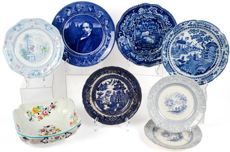 English Ceramics Including Staffordshire, Royal Doulton: Description: A group of English plates and a bowl, 19th century, including an Adams Staffordshire plate with a depiction of cows grazing, a Mellor "Medici" pattern plate, a Chinese style flow blue pla