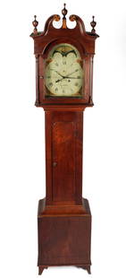 John Eberman Lancaster County PA Walnut Tall Case Clock Ca. 1780, No. 462: Description: A John Eberman walnut tall case clock, having a partially inlaid bonnet top with urn-form finials and four turned column supports encasing the works signed by the maker and indicated as "