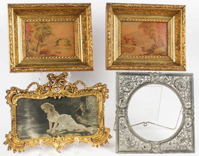 Antique Picture Frames: Description: A group of four antique picture frames, including two giltwood frames with Hudson River School printed scenes, an ornate giltwood frame with embossed scene of a maiden by a pool by M. Gre