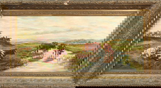 American School Folk Art Painting of Cattle, Ca. 1900: Description: A naive American folk art painting of cattle in a landscape ca. 1900. Type: Painting Materials: Oil on canvas Markings & Inscriptions: Unsigned Date: Ca. 1900 Maker: Amercian School Dimen
