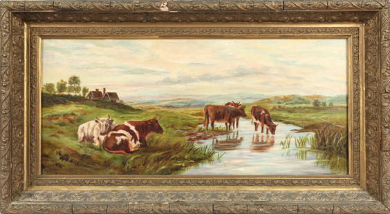 American School Folk Art Painting of Cattle, Ca. 1900: Description: A naive American folk art painting of cattle in a landscape ca. 1900. Type: Painting Materials: Oil on canvas Markings & Inscriptions: Unsigned Date: Ca. 1900 Maker: Amercian School Dimen