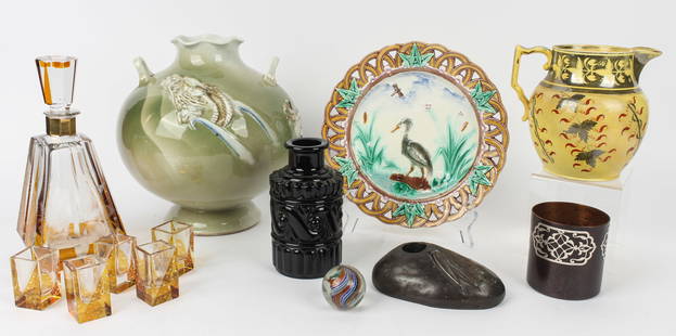 Estate Decorative Arts Including Glass, Porcelain, Bronze, etc.: Description: An estate collection of decorative items to include a Wedgwood majolica pottery plate with pierced rim, a Baccarat black glass perfume bottle (missing stopper), an early 19th century Engl