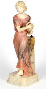 Large Art Deco Marble & Alabaster Sculpture of a Maiden: Description: A large Art Deco period marble & alabaster sculpture of a maiden holding a water jug and wearing a pink shift. Type: Sculpture Materials: Marble, alabaster  Markings & Inscriptions: Appar