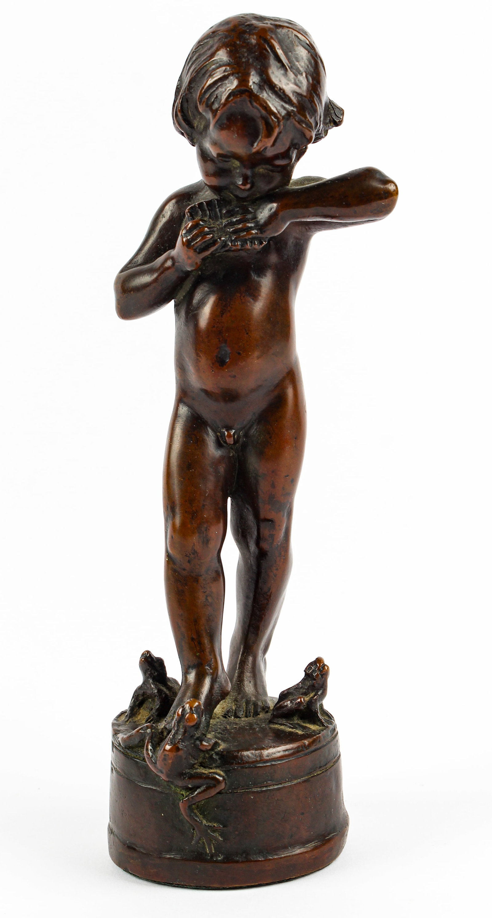 After Edward Berge (American, 1876-1924) Frog Baby: Description: A bronze sculpture of a boy playing pipes with frogs gathered at his feet, stamped "AMER. ART FDRY. N.Y." Type: Sculpture Materials: Bronze Markings & Inscriptions: Marked Date: 20th cent