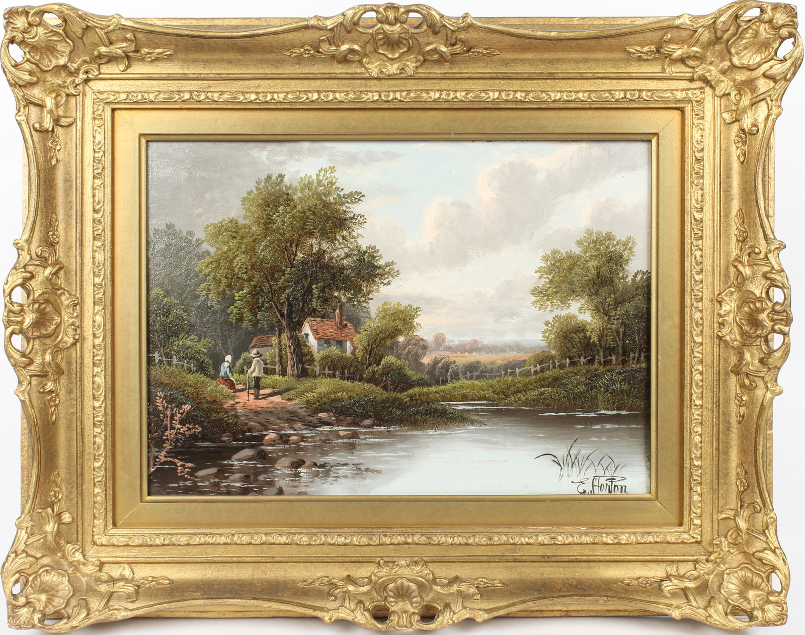 Etty Horton (British, 1835-1905) Landscape With Cottage: Description: An oil on canvas riverine landscape with cottage by British artist Etty Horton, housed in a gold painted wood frame. Type: Painting Materials: Wood, canvas Markings & Inscriptions: Signed