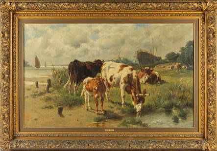 Wilhelm Frey (German, 1826-1911) Exhibited Riverine Landscape with Cows: Description: A large oil on canvas landscape painting by German artist Wilhelm Frey, depicting several cows in a pasture grazing alongside a river with sailboats. A single windmill and drydock sailboa