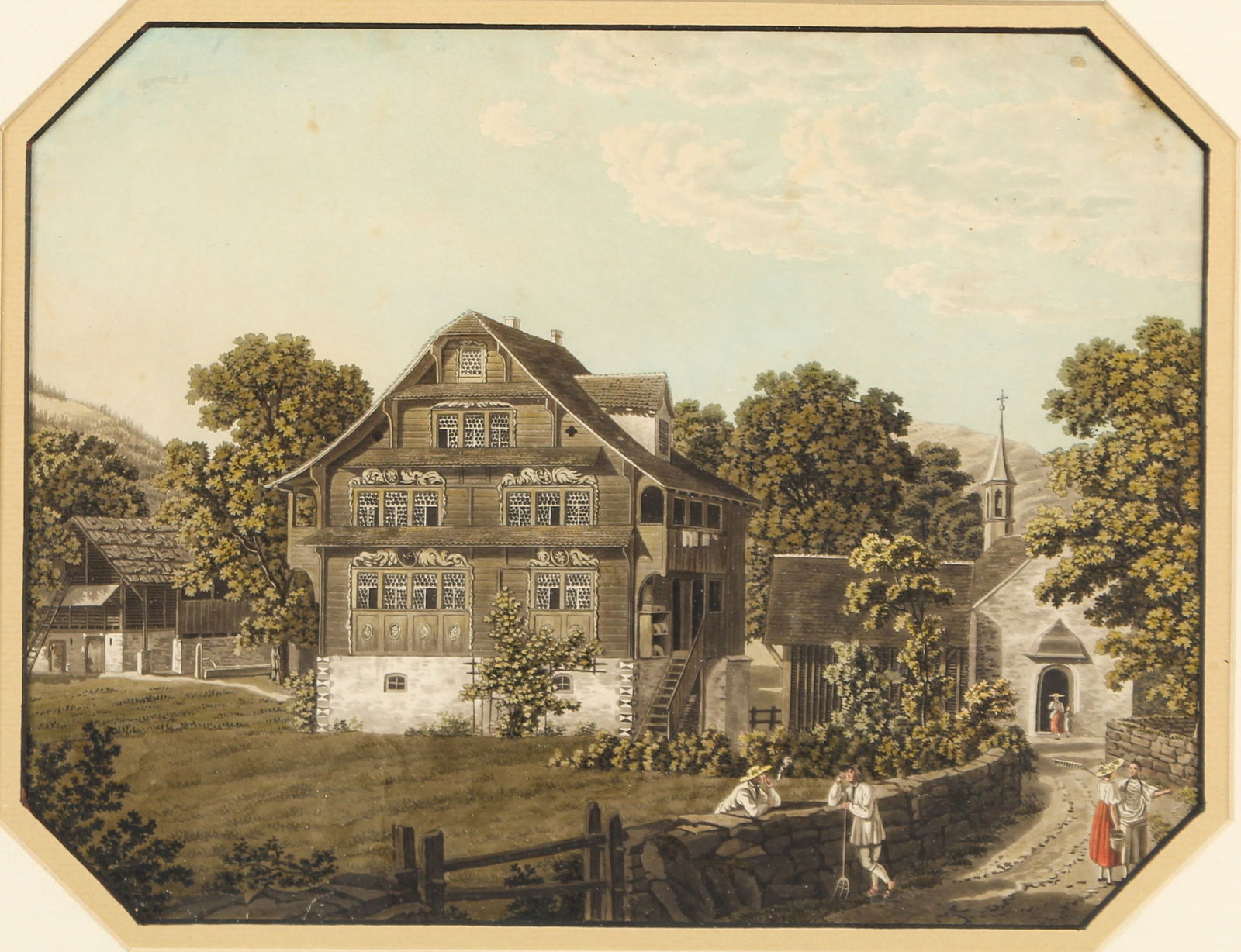 19th Century Continental School, Village Scene: Description: A German or Swiss watercolor & gouache, mid to late 19th century, depicting a village with figures in a mountainous ladscape. Title: Untitled Subject: Village scene Type: Painting Materia