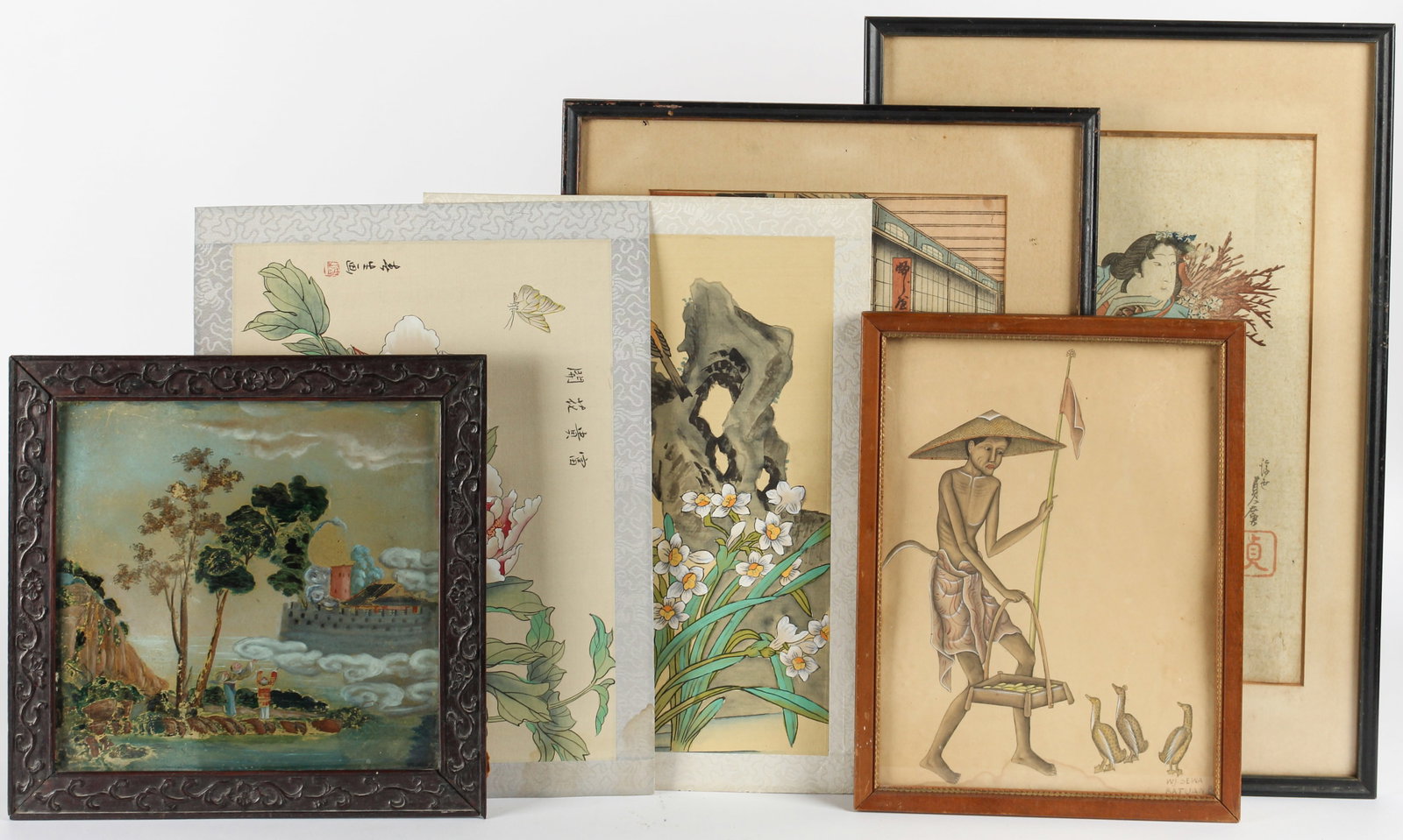Asian Art, Including Japanese Woodblock Prints by Kunisada & Gochotei: Description: A group of Asian art, including woodblock prints by Utagawa Kunisada and Sadahiro Gochotei, a Chinese reverse painting in a carved rosewood frame, a Balinese painting of a peasant feeding