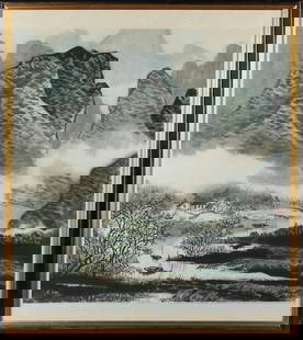 Chinese Landscape Painting & Two Japanese Prints: Description: A pair of modern Japanese geisha prints, along with a signed mid-century Chinese watercolor lake / landscape painting on rice paper, with silk borders. Type: Framed art Materials: Paper,