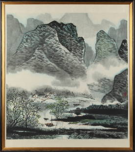 Chinese Landscape Painting & Two Japanese Prints: Description: A pair of modern Japanese geisha prints, along with a signed mid-century Chinese watercolor lake / landscape painting on rice paper, with silk borders. Type: Framed art Materials: Paper,