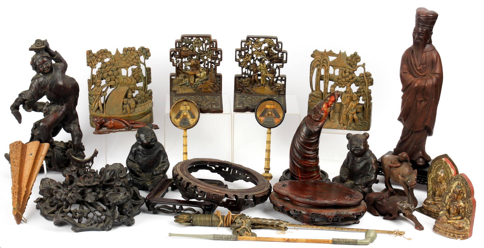 Chinese Decorative Arts Including Wood Carvings, Fan Holders Auction