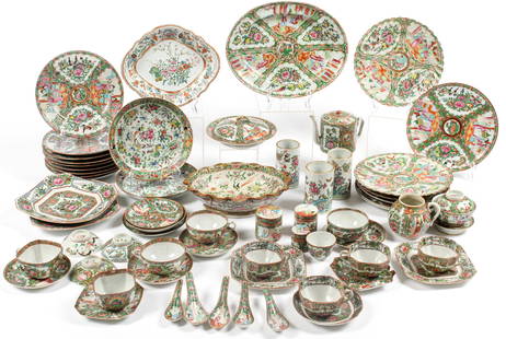 Chinese Rose Medallion Porcelain: Description: Approximately fifty-eight pieces of Chinese Rose Medallion and similar porcelains including five spoons, nine cup and saucer sets (one saucer with chip, hairline & repair, one suacer with