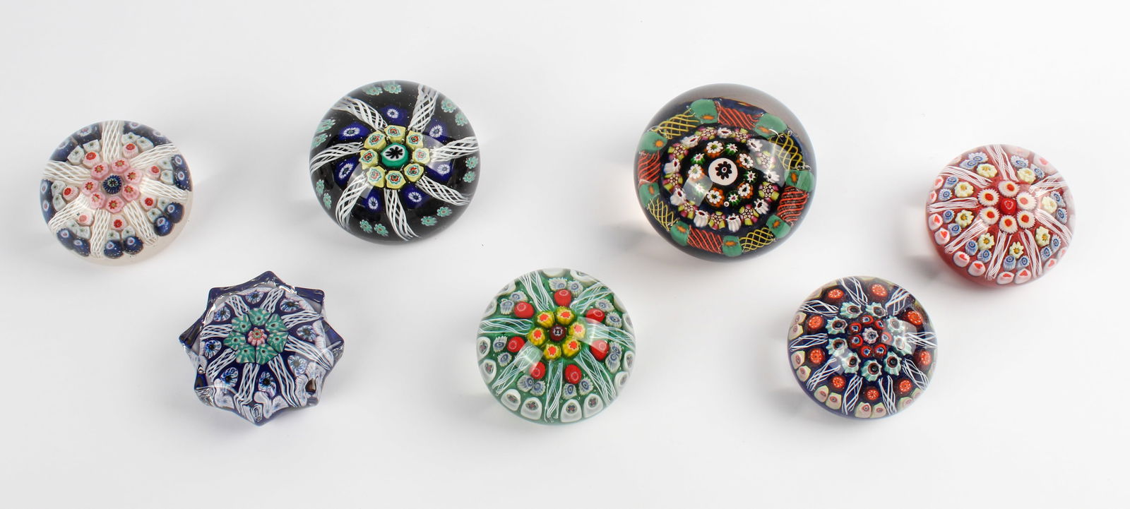 Seven Strathearn Millefiori and Ribbon Art Glass Paperweights (1 of 5)