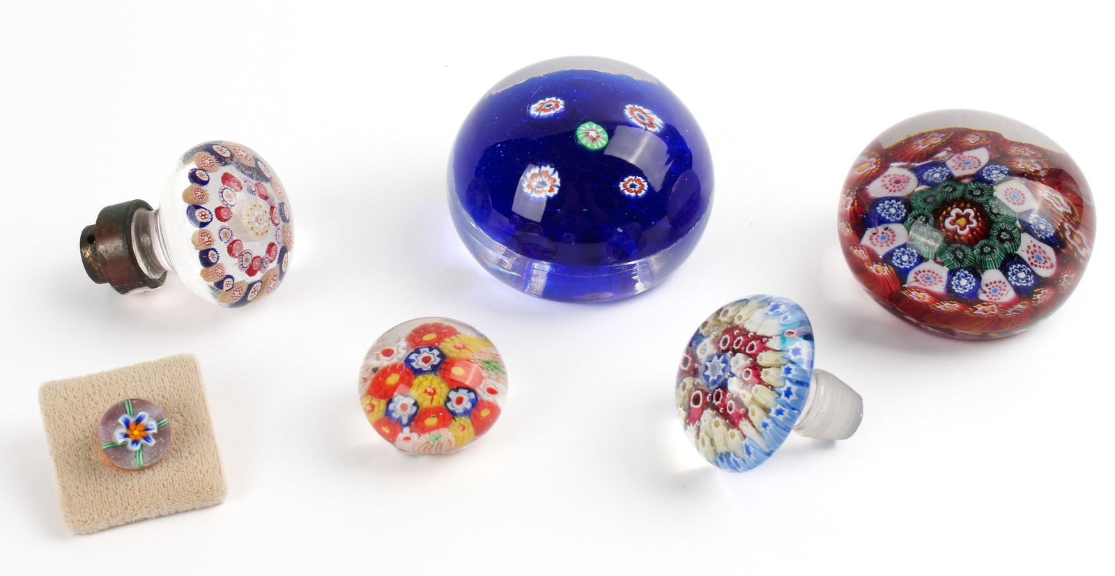 Six Millefiori Glass Objects Incl. Door Knob, Stopper, Miniature, Earring, Pairpoint Paperweight (1 of 8)
