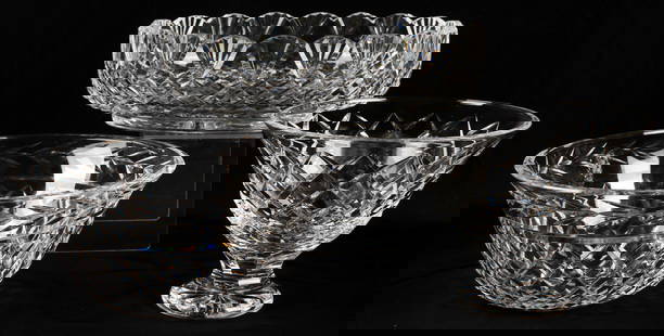 Three Waterford Crystal Bowls, Heritage Master Cutter, Glandore, Comeragh: Description: Three Waterford crystal bowls to include: a Heritage Master Cutter oval bowl, a Glandore bowl, and a Comeragh footed bowl. Type: Bowl Materials: Crystal Markings & Inscriptions: Marked Da