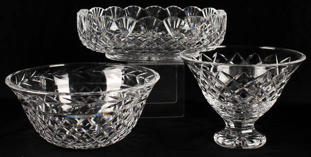 Three Waterford Crystal Bowls, Heritage Master Cutter, Glandore, Comeragh: Description: Three Waterford crystal bowls to include: a Heritage Master Cutter oval bowl, a Glandore bowl, and a Comeragh footed bowl. Type: Bowl Materials: Crystal Markings & Inscriptions: Marked Da