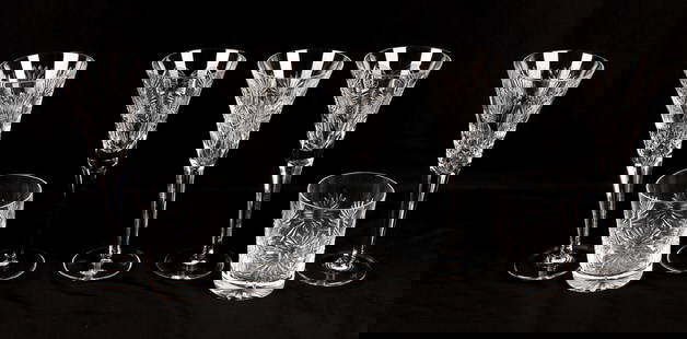 Seven Waterford Millennium Glasses, Incl. Five Toasting Flutes and Two Tumblers: Description: A group of seven Waterford Millennium series crystal objects including five toasting or champagne flutes and two tumblers. Type: Champagne flute, glasses Materials: Crystal Markings & In