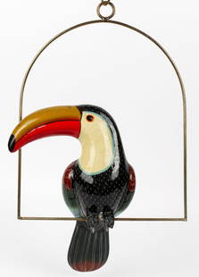 Sergio Bustamante Style Paper Mache Hanging Toucan: Description: A Sergio Bustamante style paper mache perched hanging toucan. Type: Figural bird Materials: Paper mache Markings & Inscriptions: Unmarked Date: Mid to late 20th century Maker: Unmarked Di