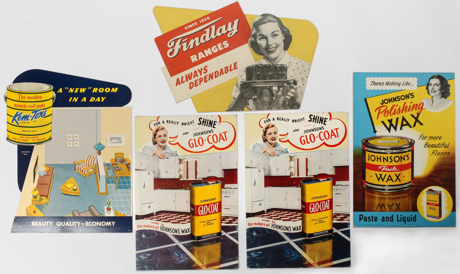 Five Vintage Mid-Century Cardboard Lithograph Store Advertising Displays, Johnson's Wax, Kem-Tone, (1 of 5)