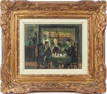 German Expressionist Style Painting, Playing Chess: Description: An early 20th century German Expressionist style painting depicting figures playing chess in an interior.  Type: Painting Materials: Oil on panel Markings & Inscriptions: Apparently unsig