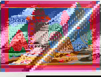 Peter Paone (American, B. 1936) Sweet City, Serigraph: Description: A surreal or absurdist serigraph depicting various fuits, candies and confections as elements of a city.Title: Sweet City Subject: Architectural Type: Serigraph Materials: Wove paper 