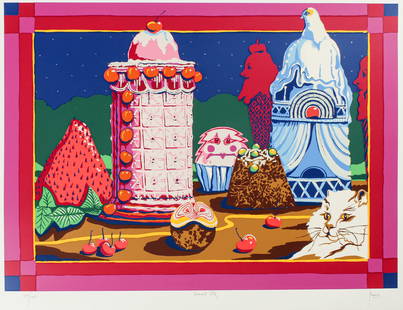 Peter Paone (American, B. 1936) Sweet City, Serigraph: Description: A surreal or absurdist serigraph depicting various fuits, candies and confections as elements of a city.Title: Sweet City Subject: Architectural Type: Serigraph Materials: Wove paper 