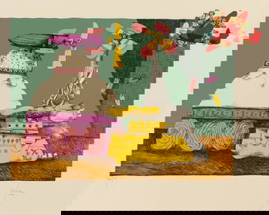 Peter Paone (American, B. 1936) Untitled, Lithograph, Mixed Media: Description: A color lithograph depicting absurd tank-like figures with an applied aviator sticker dropping missiles. Title: Untitled Subject: Figures Type: Lithograph with mixed media Materials: