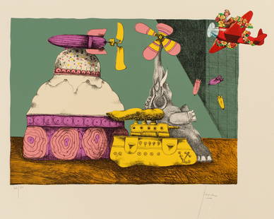 Peter Paone (American, B. 1936) Untitled, Lithograph, Mixed Media: Description: A color lithograph depicting absurd tank-like figures with an applied aviator sticker dropping missiles. Title: Untitled Subject: Figures Type: Lithograph with mixed media Materials: Wove