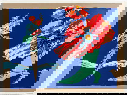 Peter Paone (American, B. 1936) Untitled, Serigraph: Description: A surreal or absurdist serigraph depicting a boot and cigar bursting with tropical flowers and birds.Title: Untitled Subject: Figures Type: Serigraph Materials: Wove paper Markings &