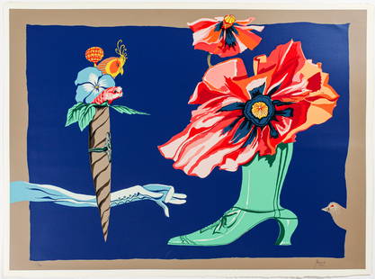 Peter Paone (American, B. 1936) Untitled, Serigraph: Description: A surreal or absurdist serigraph depicting a boot and cigar bursting with tropical flowers and birds.Title: Untitled Subject: Figures Type: Serigraph Materials: Wove paper Markings &