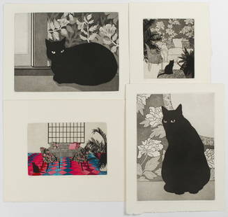 Meg Dawson (American, 20th C.) Four Etchings, Cats: Description: A group of four signed and numbered aquatint etchings, each with a black cat. Title: Peony Wallpaper 9/50, Kaleidoscope Room 3/50, Cat and Wallpaper 7/50, Cat 29/50Type: Etching