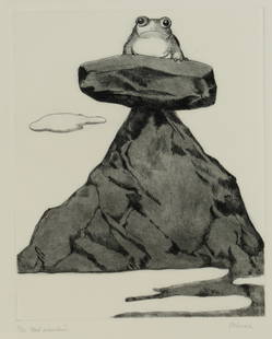 Tom Palmore (American, B 1945) Toad Mountain, Etching: Description: A signed, titled and numbered etching depicting a stately toad on a mountaintop plateau. Title: Toad MountainType: Etching Materials: Wove paper Markings & Inscriptions: Signed, titled an