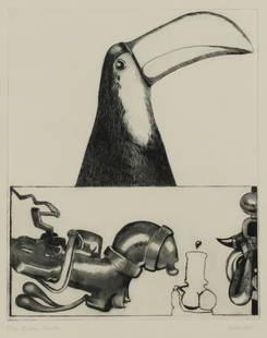 Tom Palmore (American, B 1945) Brain Truster, Etching: Description: A signed, titled and numbered etching depicting a toucan, and other curious objects. Title: Brain TrusterType: Etching Materials: Wove paper Markings & Inscriptions: signed, titled, numbe