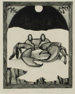 Tom Palmore (American, B 1945) Gothic Crab, Etching: Description: A signed, titled and numbered etching depicting a curious crab by moonlight. Title: Gothic CrabType: Etching Materials: Wove paper Markings & Inscriptions: Signed, titled, numbered 3/150