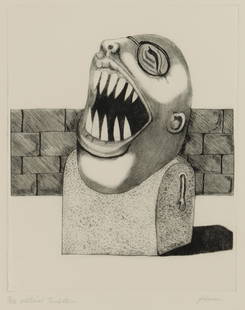 Tom Palmore (American, B 1945) Political Tombstone, Etching: Description: A signed, titled, and numbered etching depicting a whimsical political figure with fangs. Title: Political TombstoneType: Etching Materials: Wove paper Markings & Inscriptions: Signed,