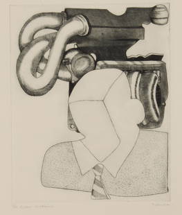 Tom Palmore (American, B 1945) Dream Machine, Etching: Description: A signed, titled and numbered etching depicting a machine-head human, as imagined. Title: Dream MachineType: Etching Materials: Wove paper Markings & Inscriptions: Signed, titled and numb