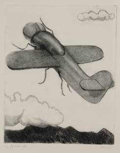 Tom Palmore (American, B 1945) Fly Airplane Fly, Etching: Description: A signed, titled and numbered etching depicting a flying insect airplane Title: Fly Airplane FlyType: Etching Materials: Wove paper Markings & Inscriptions: Signed, titled, and numbered 1