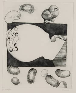 Tom Palmore (American, B 1945) Magita, Etching: Description: A signed, titled, and numbered etching depicting a chick and cells. Title: MagitaType: Etching Materials: Wove paper Markings & Inscriptions: Signed, titled and numbered 1/150 Date: Mid t