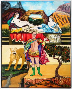 Christine McGinnis (American, 1937-2019) Untitled, Acrylic on Canvas Painting: Description: A painting depicting classical figures in a surreal landscape with a lion and orange tree. Title: UntitledType: Painting Materials: Acrylic on canvas Markings & Inscriptions: Signed