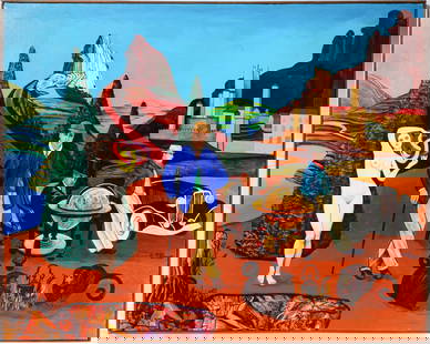 Christine McGinnis (American, 1937-2019) Untitled, Acrylic on Canvas Painting: Description: A painting of figures in a surreal landscape, inlcuding a car, monkeys, and a globe. Title: UntitledType: Painting Materials: Acrylic on canvas Markings & Inscriptions: Signed bottom