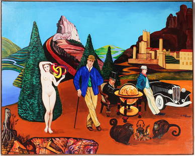 Christine McGinnis (American, 1937-2019) Untitled, Acrylic on Canvas Painting: Description: A painting of figures in a surreal landscape, inlcuding a car, monkeys, and a globe. Title: UntitledType: Painting Materials: Acrylic on canvas Markings & Inscriptions: Signed bottom