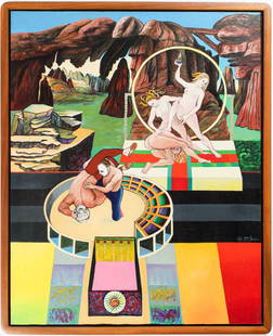 Christine McGinnis (American, 1937-2019) Untitled, Acrylic on Canvas Painting: Description: A painting depicting nude and semi-nude figures wrestling in a surreal landscape. Title: UntitledType: Painting Materials: Acrylic on canvas Markings & Inscriptions: Signed bottom right 