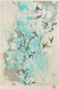 Pang Tseng Ying (Chinese, 1916-1997) Lithograph: Description: A semi-abstract lithograph landscape with birds, trees, and watery elements by Chinese artist Pang Tseng Ying. Title: UntitledType: Lithograph  Materials: Arches paper  Markings & Inscrip