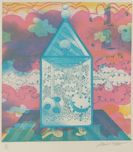 Russell T. Gordon (American, 1936-2013) A Good Place To Live, Etching: Description: A colorful etching depicting a central structure among clouds. Title: A Good Place To LiveType: Etching Materials: Wove paper Markings & Inscriptions: Signed and numbered 11/50 Date: