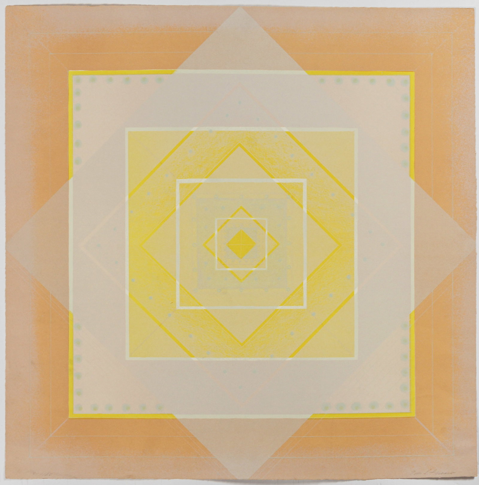 Tom Fricano (American, B. 1930) Light, Lithograph: Description: An op-art lithograph on paper by California artist Tom Fricano.Title: Light Subject: Geometric Type: Lithograph Materials: Wove paper Markings & Inscriptions: Signed & numbered 91/120 Dat