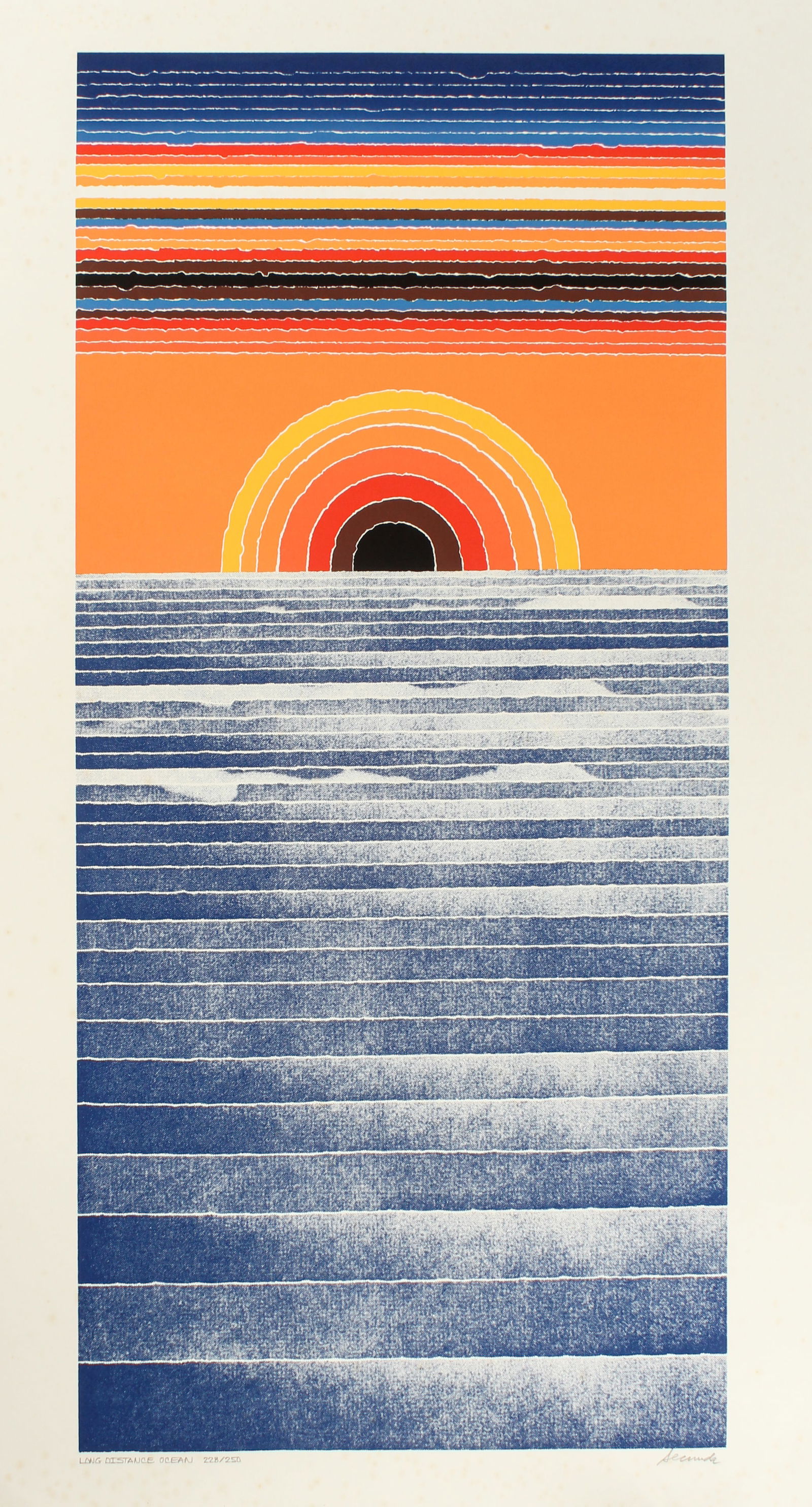 Arthur Secunda (American, 1927-2022) Long Distance Ocean, Serigraph: Description: An abstract color serigraph depicting the sun setting over the ocean. Title: Long Distance OceanType: Serigraph Materials: Paper Markings & Inscriptions: Signed, titled, and numbered 228/
