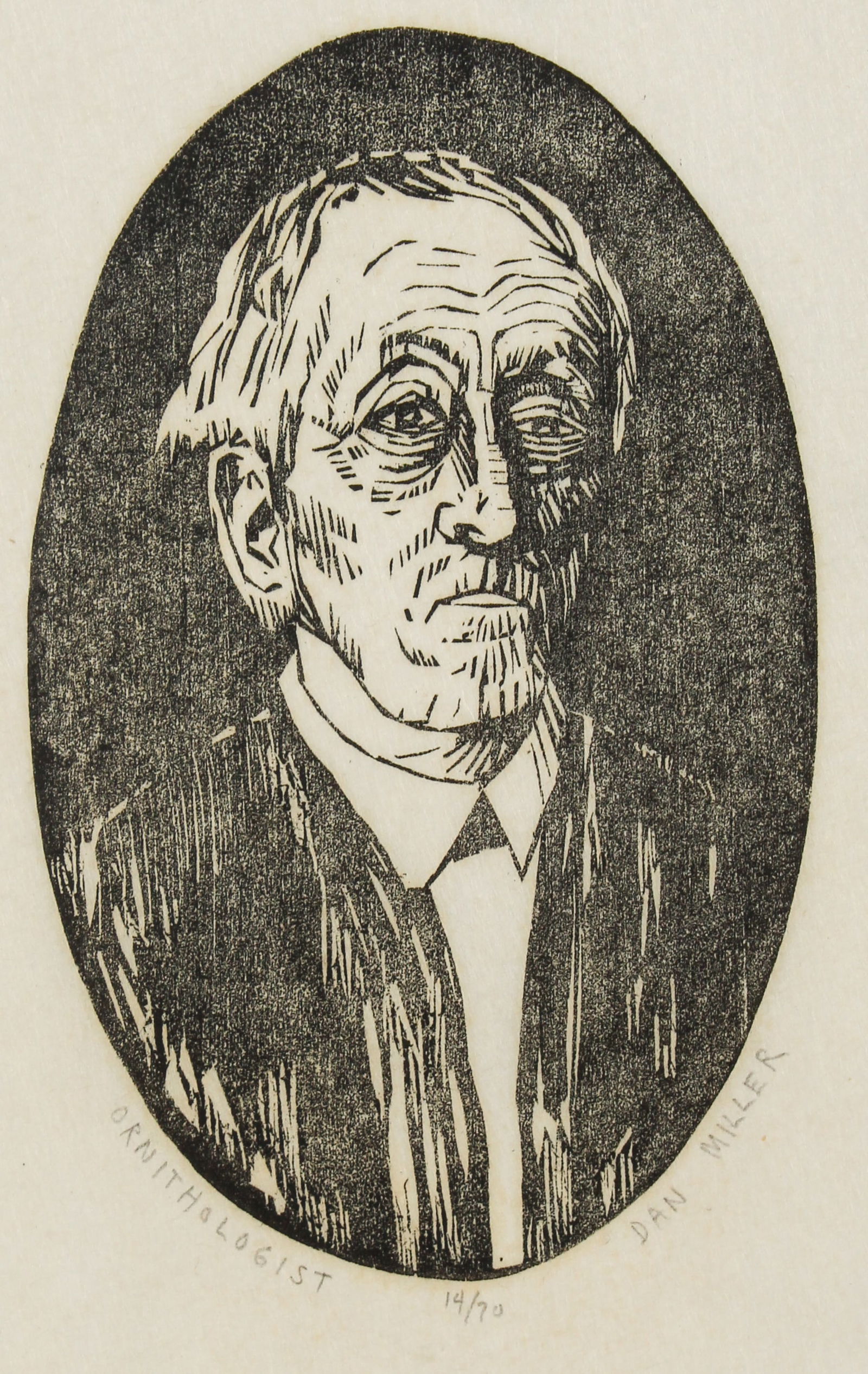 Dan Miller (American, B 1928) Ornithologist, Woodcut: Description: A Dan Miller signed Portrait woodcut titled Ornithologist. The woodcut on rice paper is numbered 14/70. Title: OrnithologistType: Woodcut Materials: Rice paper Markings & Inscriptions: Si