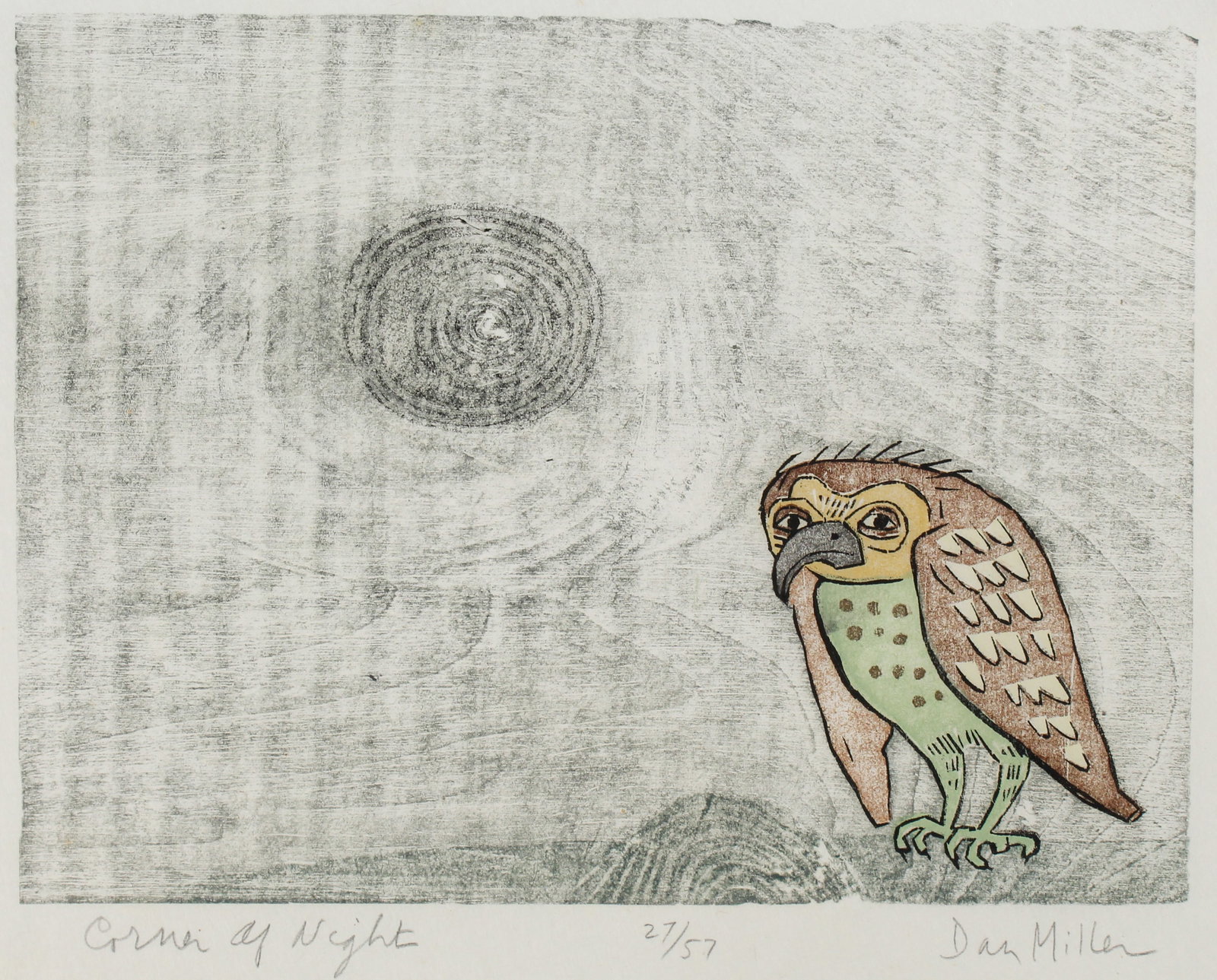 Dan Miller (American, B. 1928) Corner of Night, Woodcut on Rice Paper: Description: A signed woodcut on rice paper depicting an owl perched on a log, possibly under a moon. Title: Corner of NightType: Woodcut Materials: Rice paper Markings & Inscriptions: Signed, titled,