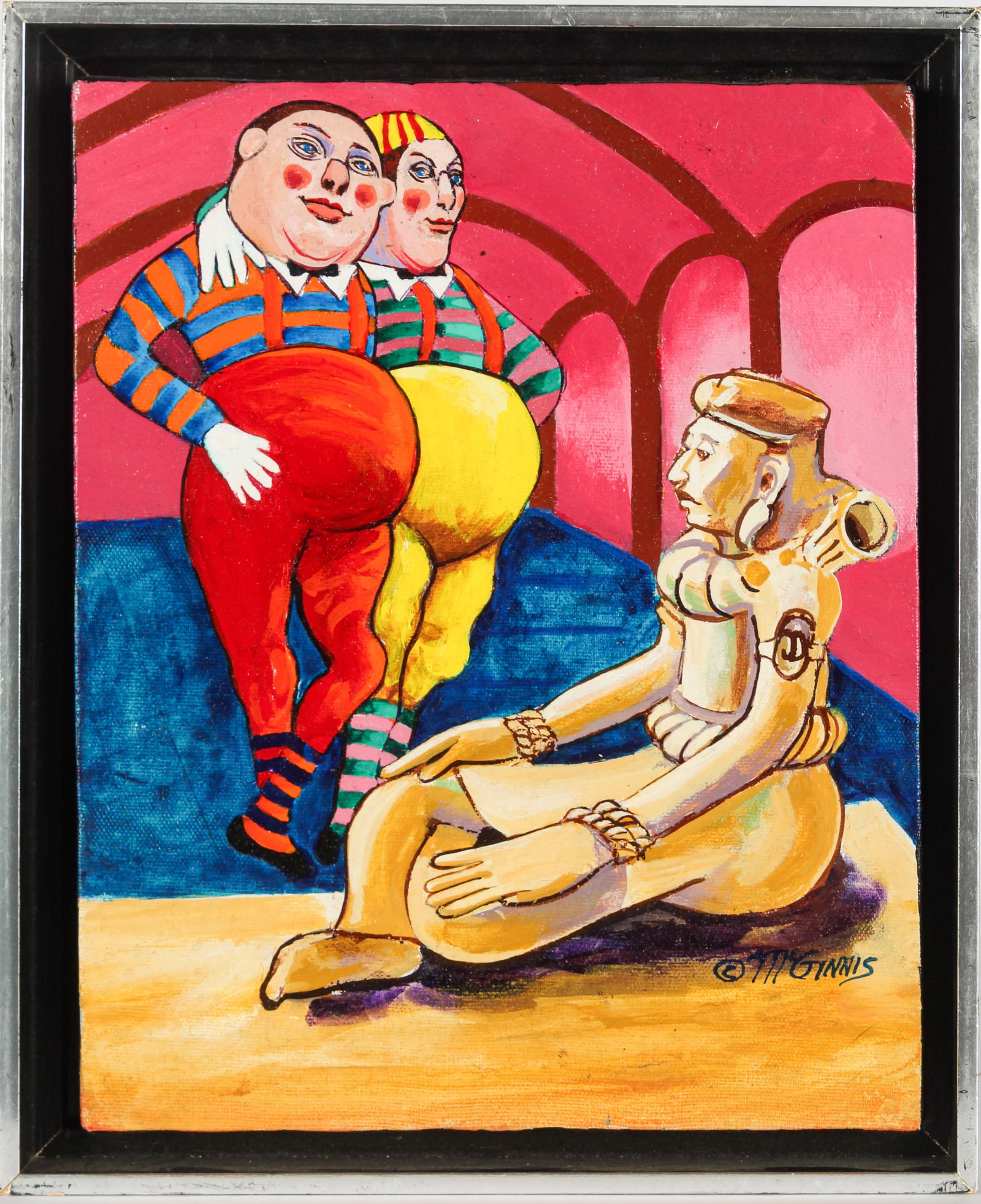 Christine McGinnis (American, 1937-2019) Tweedle Dum - Tweedle Dee, Acrylic on Canvas Painting, Art: Description: An acrylic on canvas painting depicting Tweedle Dum and Tweedle Dee standing beside an ethnographic clay figure. Title: Tweedle Dum - Tweedle DeeType: Painting Materials: Acrylic on canva